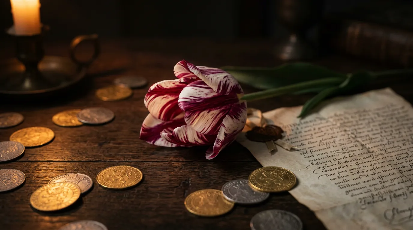 Tulipa rara sobre mesa de madeira antiga com moedas de ouro e papéis de contrato do século XVII